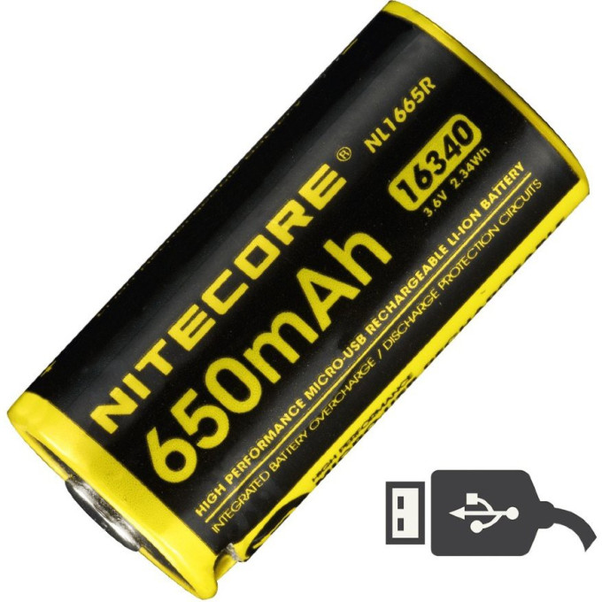 Аккумулятор NITECORE NL1665R 16340 (RCR123) 650 мА·ч, зарядка USB 17041